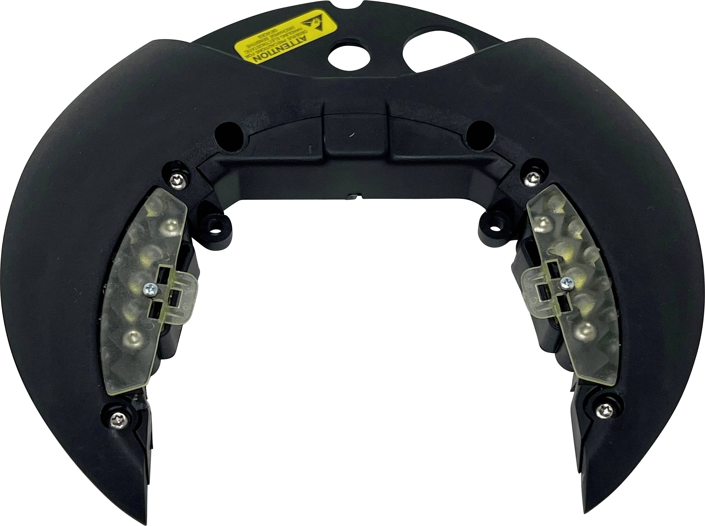 Dispositif mécanique noir en forme de U avec des modules latéraux translucides à miroir, probablement un casque ou un composant monté sur la tête, présenté sur un fond blanc.