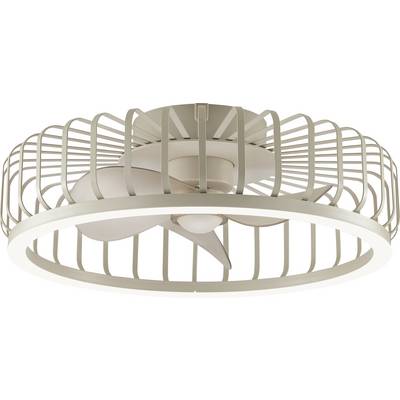 Ventilateur de plafond moderne avec lumière intégrée à l'intérieur d'une structure métallique beige de style cage circulaire, vue d'en bas.