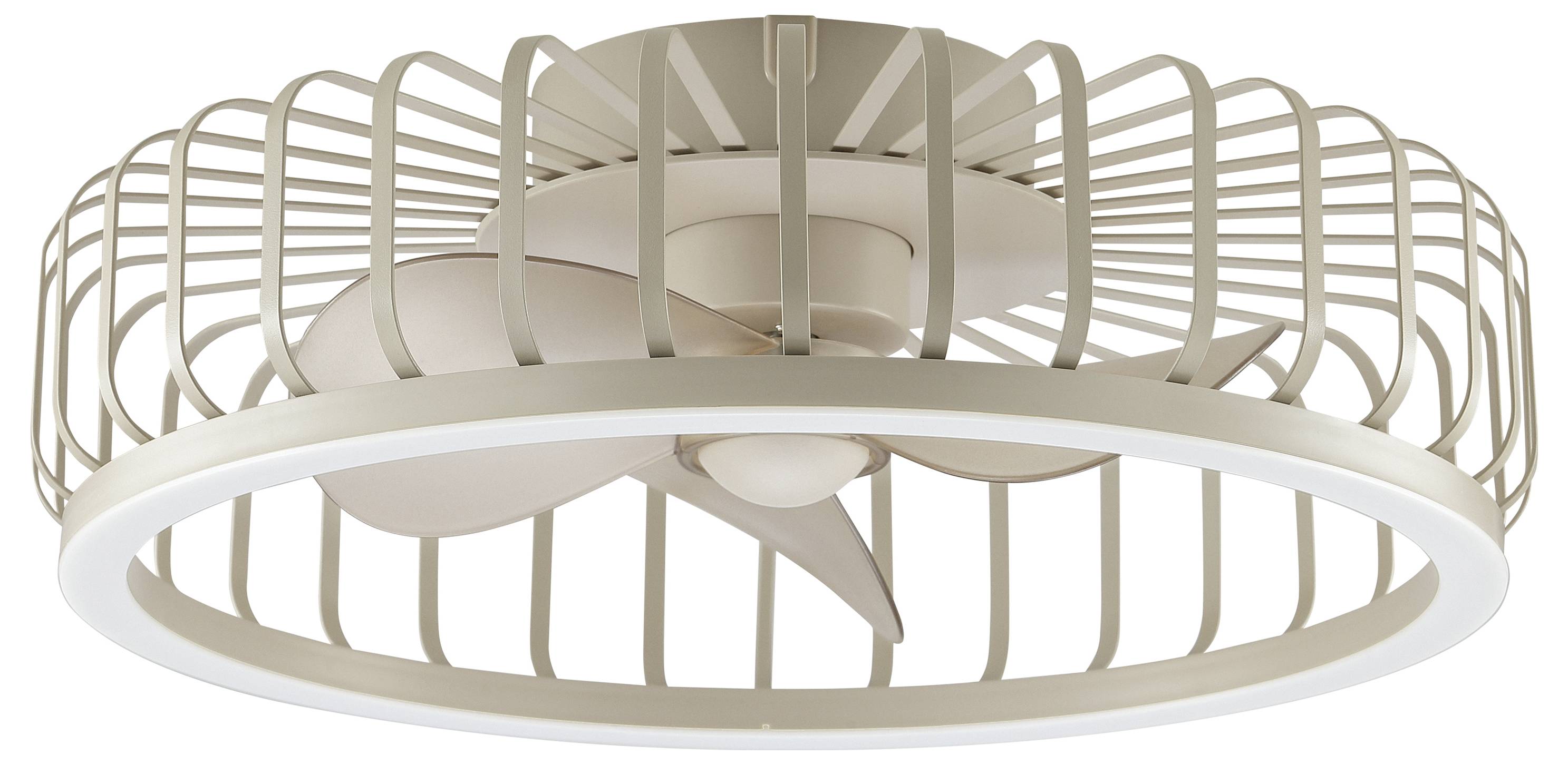 Ventilateur de plafond moderne avec un luminaire circulaire et des pales beige à l'intérieur d'une cage de protection en forme d'anneau sur un fond blanc