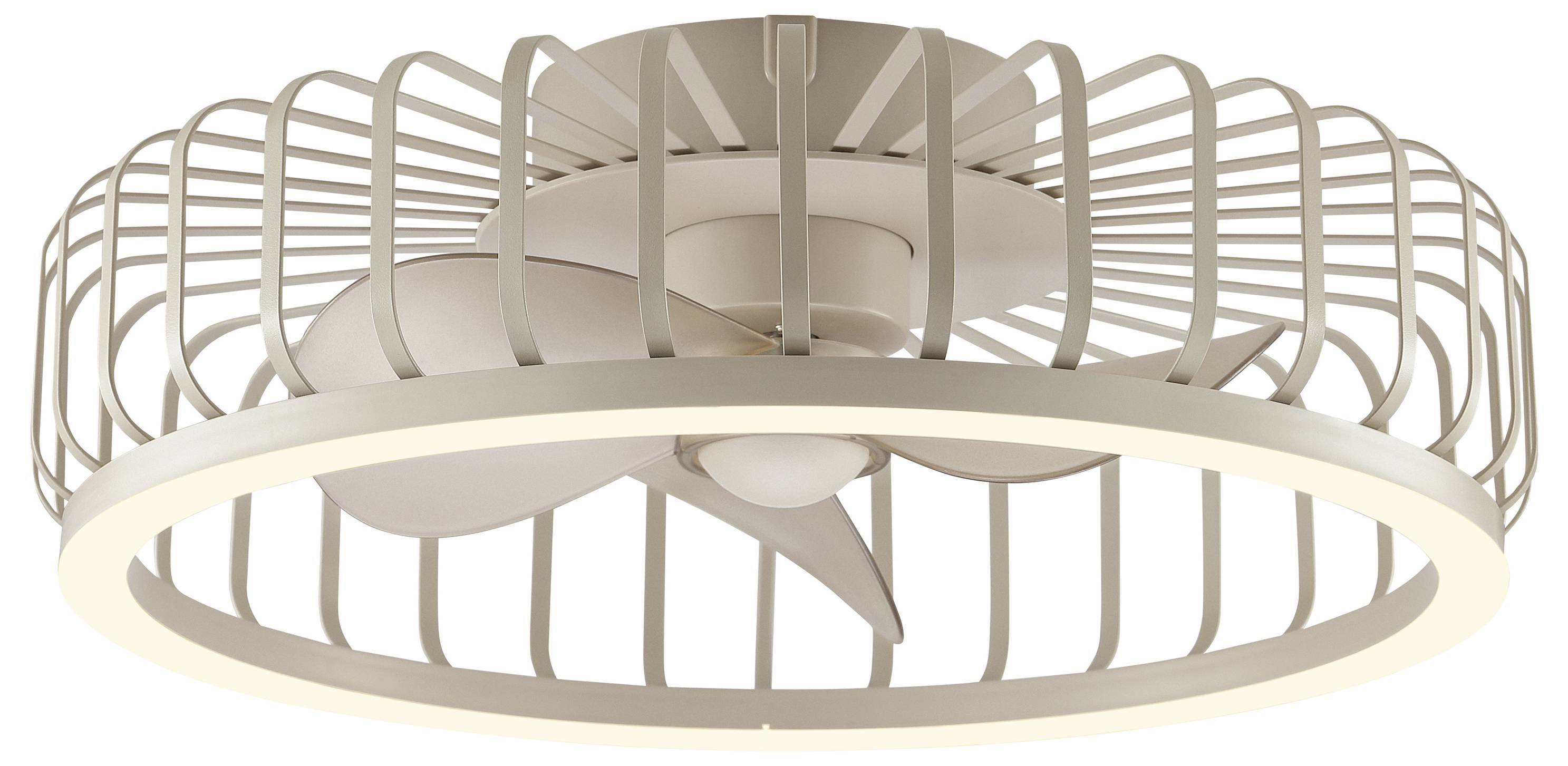 Ventilateur de plafond beige avec un luminaire de style cage circulaire et trois pales, vu de dessous sur fond blanc.