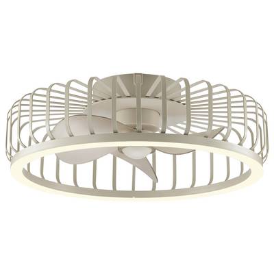 Ventilateur de plafond beige avec un luminaire de style cage circulaire et trois pales, vu de dessous sur fond blanc.