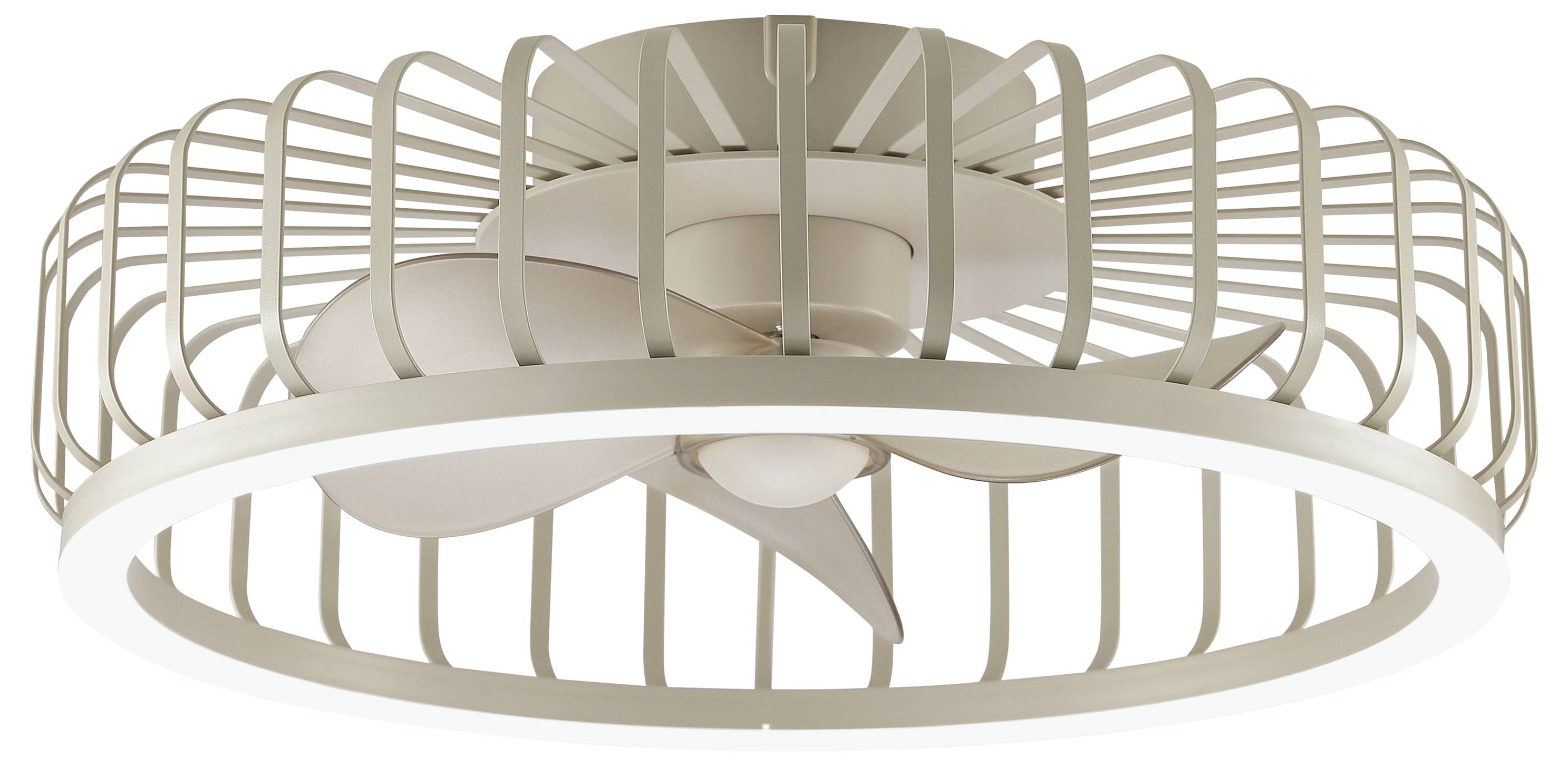 Un ventilateur de plafond moderne aux pales beige et un cadre de style cage circulaire, présenté dans une vue de style produit sur fond blanc.