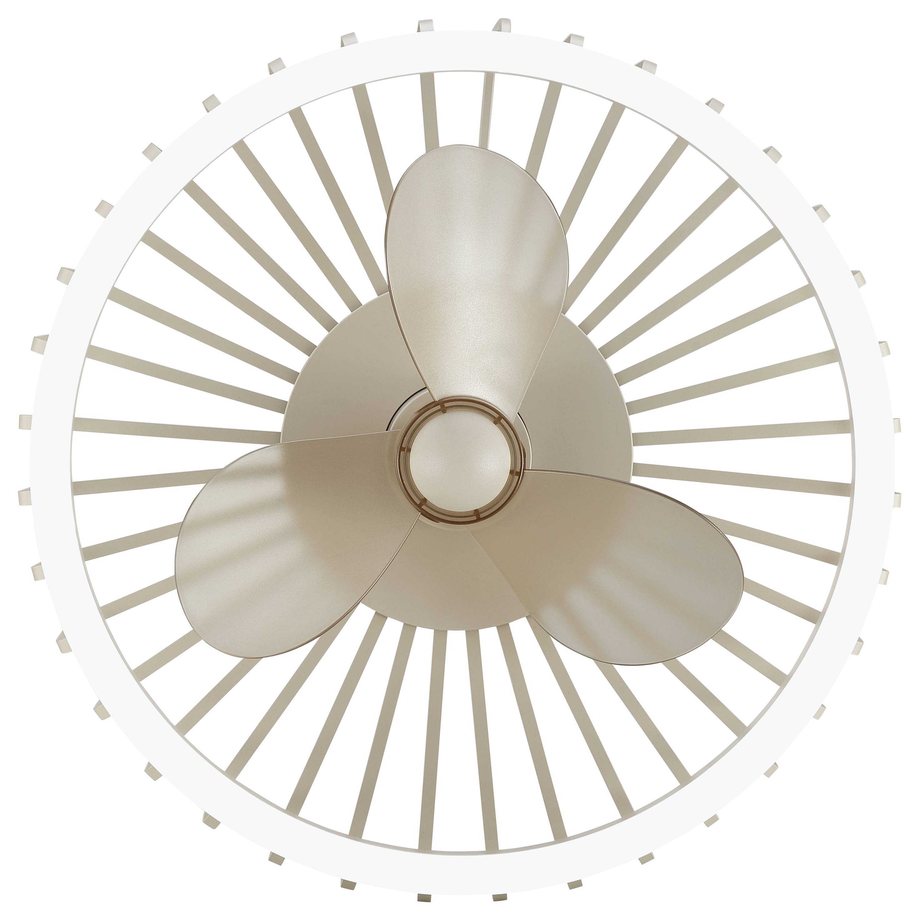 Vue de dessus d'un ventilateur de plafond à trois pales beige à l'intérieur d'une grille circulaire sur fond blanc.