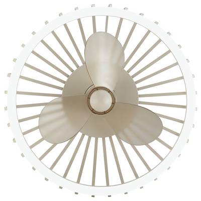 Vue de dessus d'un ventilateur de plafond à trois pales beige à l'intérieur d'une grille circulaire sur fond blanc.