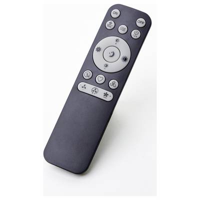Télécommande noire avec des boutons étiquetés ON et OFF, un cadran central avec des icônes de lune et de lumière, et des paramètres de ventilateur/minuterie inférieure.
