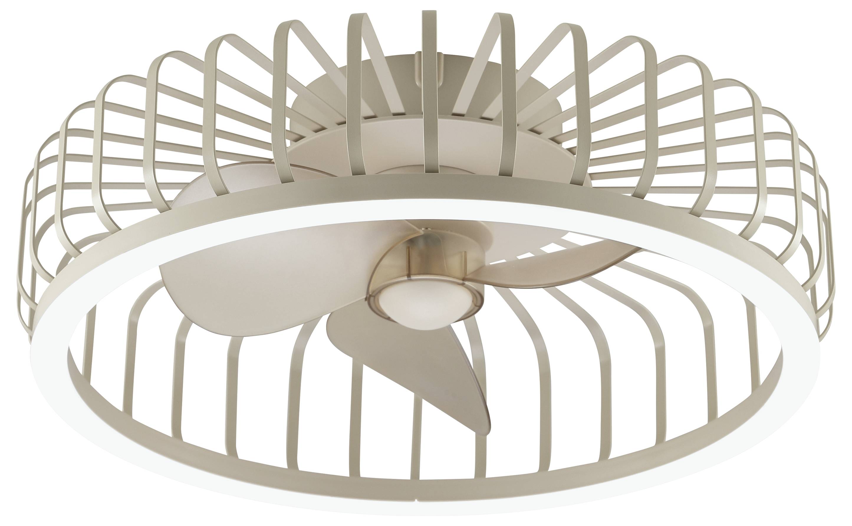 Ventilateur de plafond moderne beige avec lumière intégrée et cadre de style cage circulaire
