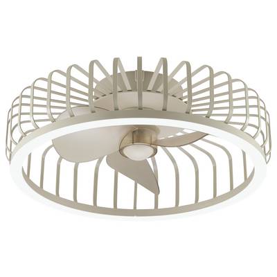 Ventilateur de plafond moderne beige avec lumière intégrée et cadre de style cage circulaire