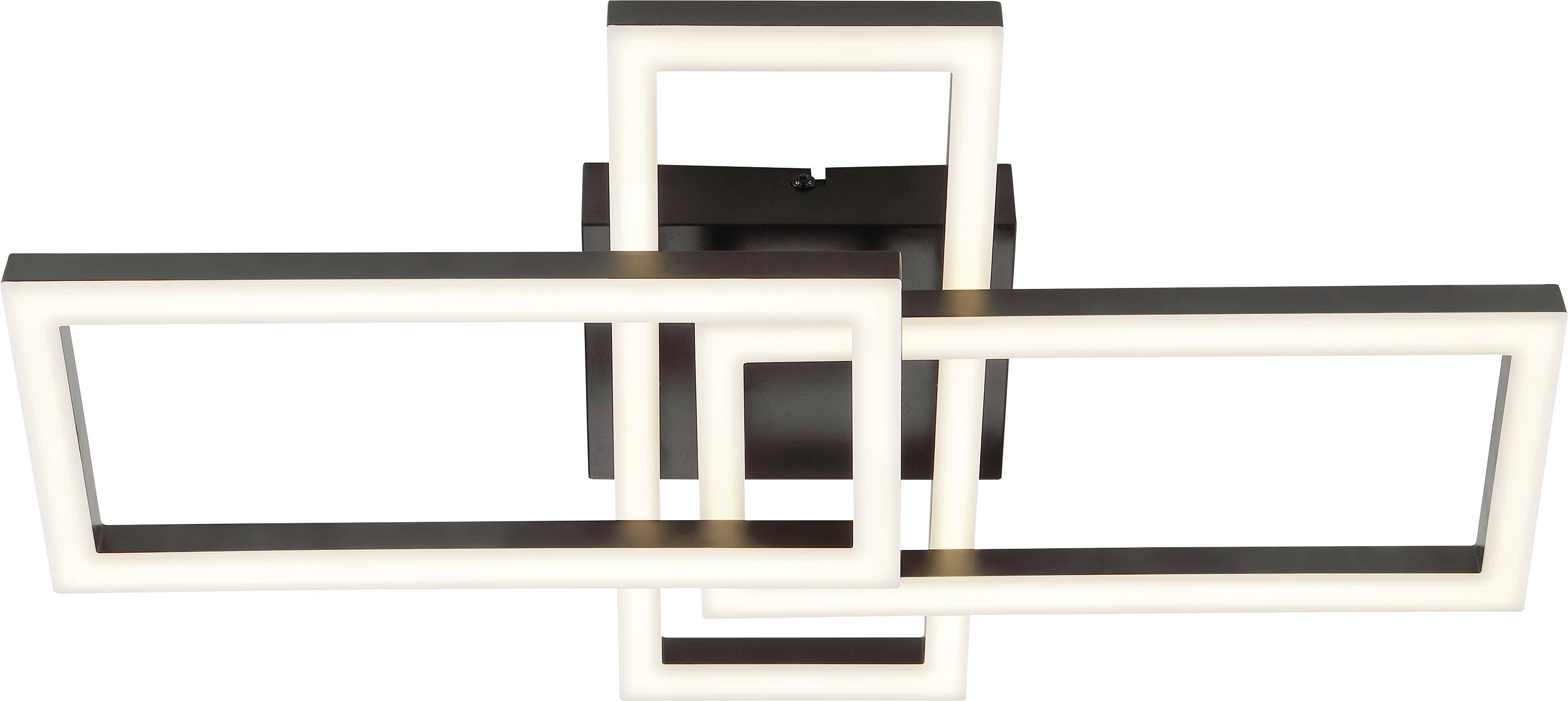 Luminaire géométrique abstrait avec des cadres rectangulaires qui se chevauchent en noir et blanc sur un fond blanc.