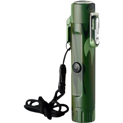 Lampe de poche verte avec un clip de fixation latéral et une dragonne noire, présentée debout sur un fond blanc.