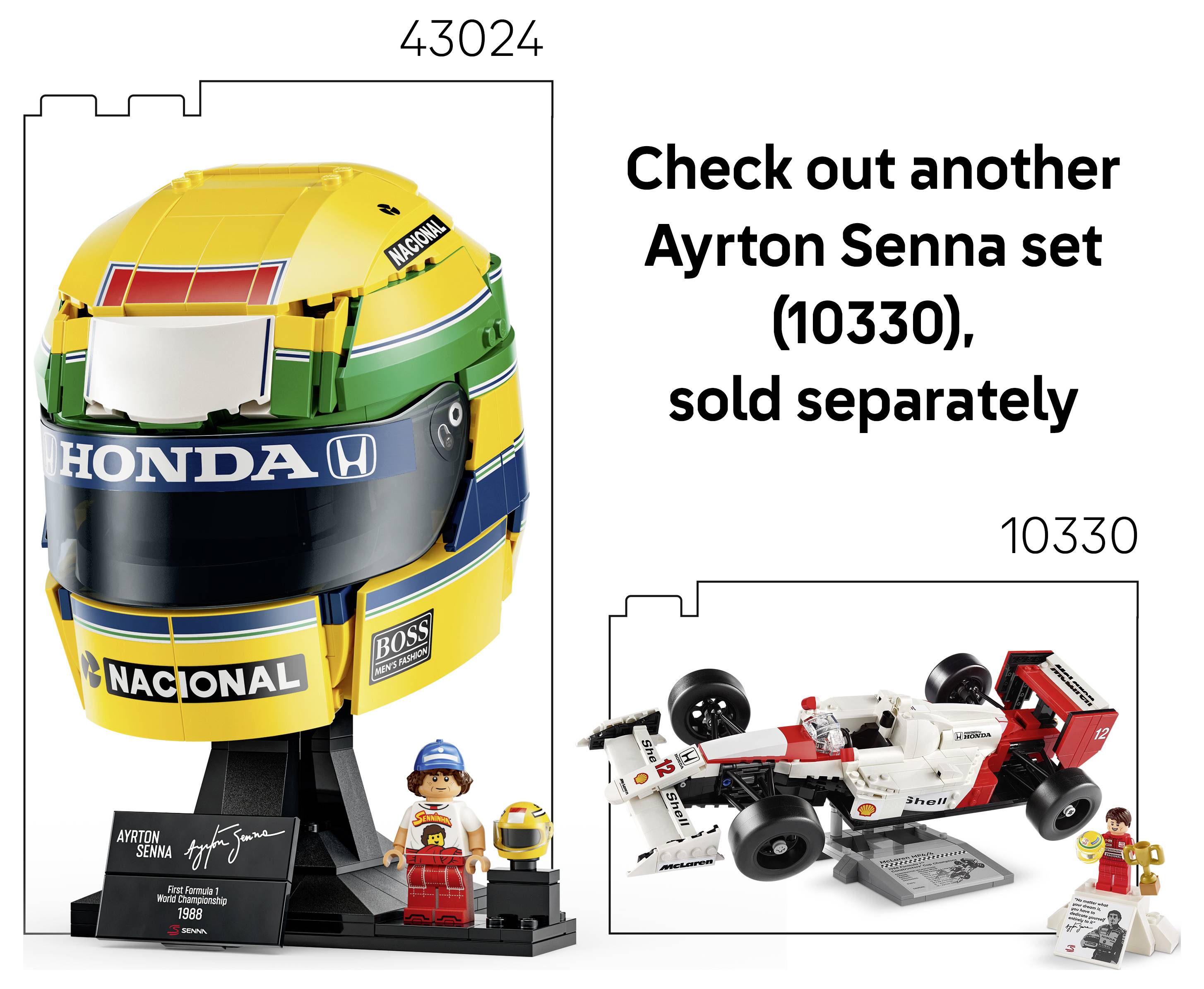 Graphique promotionnel présentant un ensemble casque LEGO Ayrton Senna 43024 avec une minifigure, plus une vignette « Découvrez un autre ensemble Ayrton Senna (10330), vendu séparément » d'un ensemble de voiture de course.