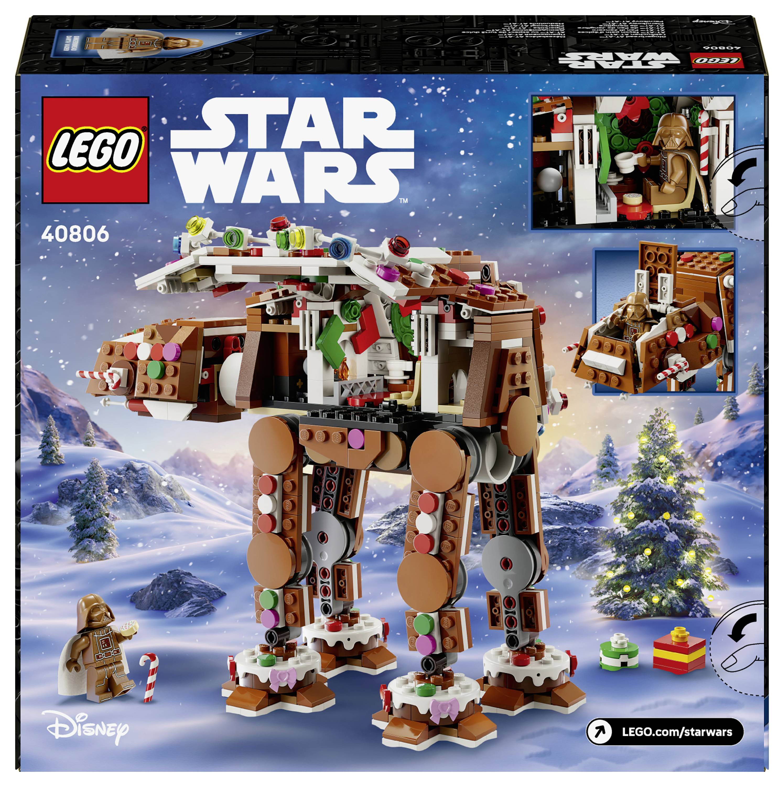 LEGO Star Wars 40806 Calendrier de l'Avent boîte art montrant un AT-AT construit en briques dans une scène enneigée avec de petites constructions de vacances et des révélations de figurines.
