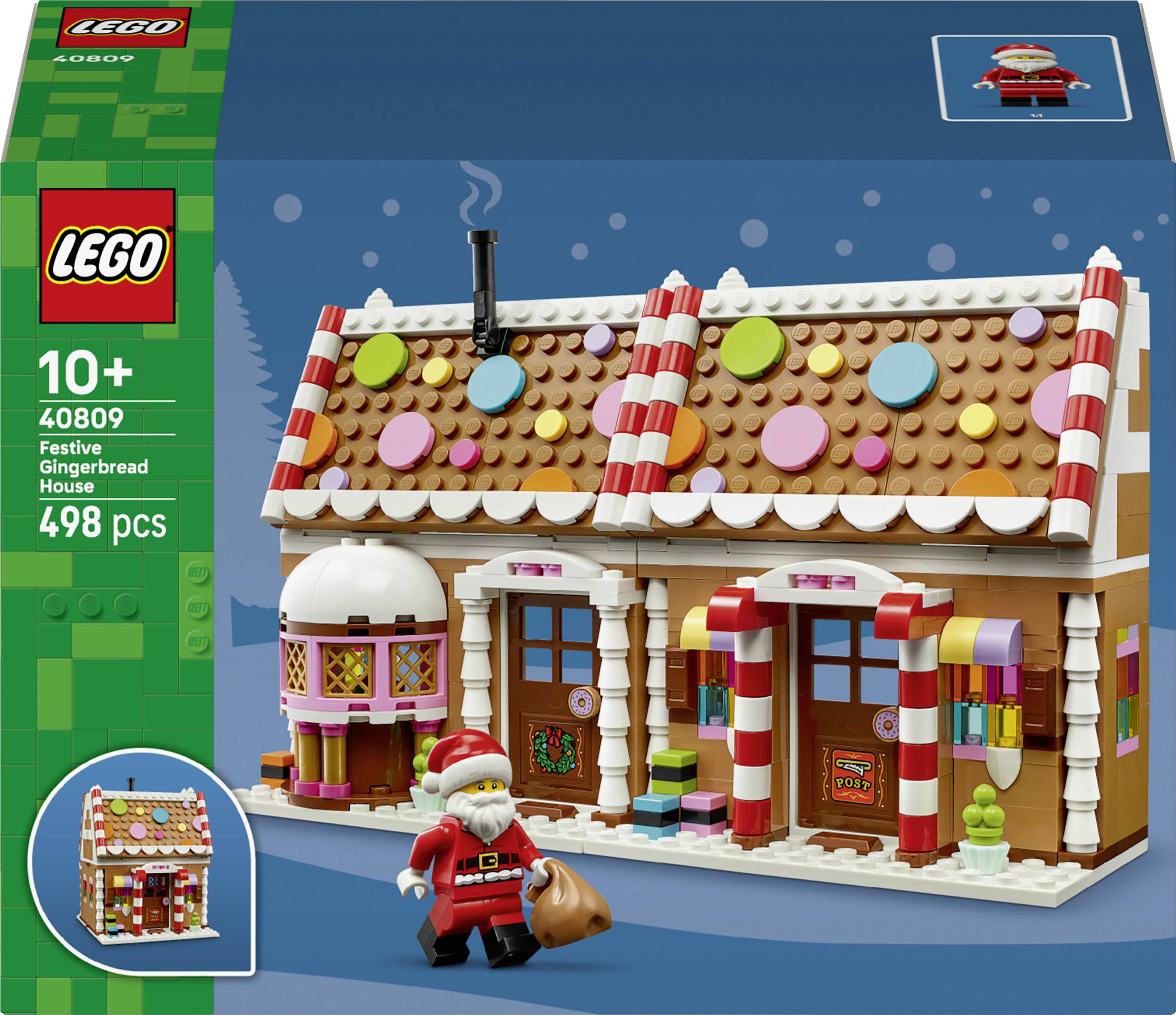 LEGO 40809 « Maison en Pain d'Épice Festive » boîte d'emballage, à partir de 10 ans, 498 pièces, montrant une maison de style pain d'épice décorée avec une minifigure du Père Noël.
