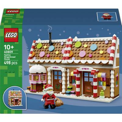 LEGO 40809 « Maison en Pain d'Épice Festive » boîte d'emballage, à partir de 10 ans, 498 pièces, montrant une maison de style pain d'épice décorée avec une minifigure du Père Noël.