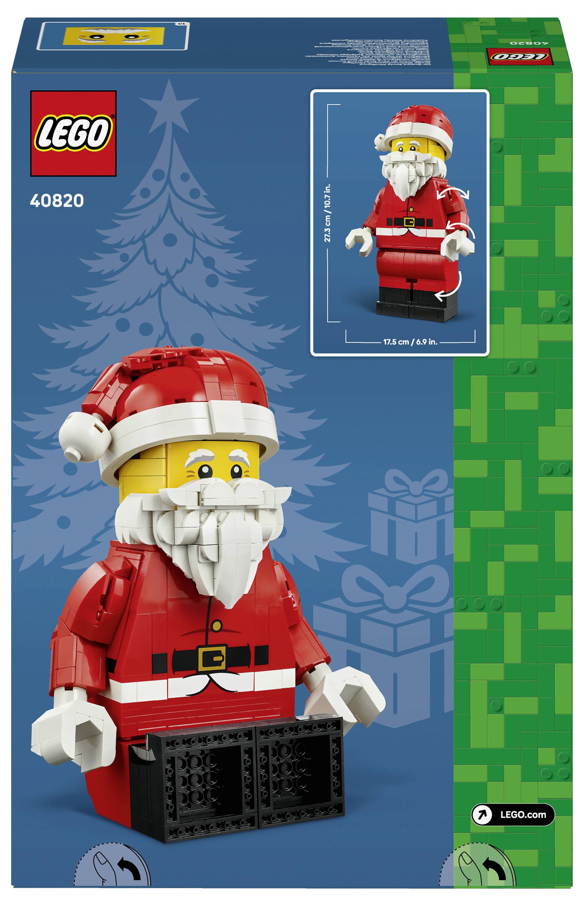 Boîte du set LEGO Père Noël 40820, présentant une figurine Père Noël construite en briques avec un costume rouge, une barbe blanche et une base en forme de boîte-cadeau.