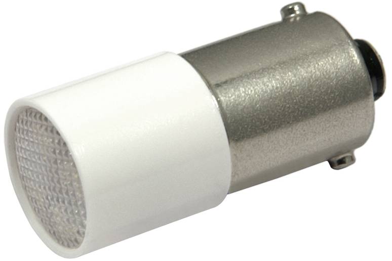 Ampoule LED blanche avec base de style baïonnette en métal, présentée sur un fond uni.