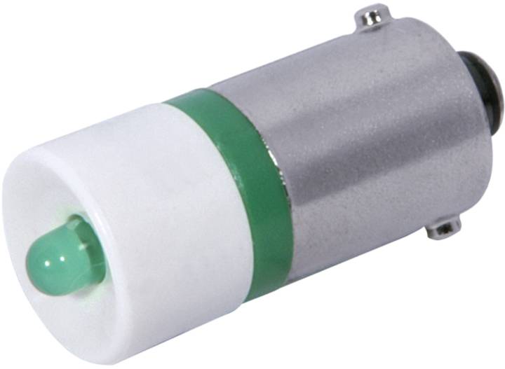 Gros plan d'une petite lumière indicatrice LED cylindrique avec un capuchon blanc, un anneau vert et un corps en métal argenté sur un fond blanc.