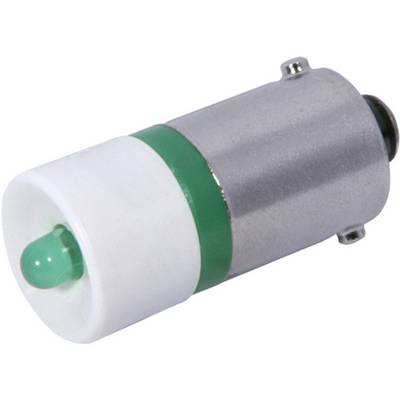 Gros plan d'une petite lumière indicatrice LED cylindrique avec un capuchon blanc, un anneau vert et un corps en métal argenté sur un fond blanc.