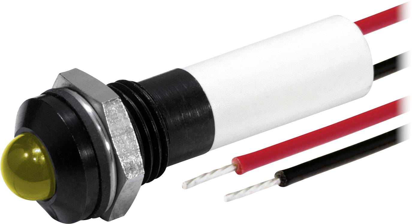 Voyant LED à montage sur panneau avec lentille jaune, boîtier noir et corps blanc, présenté avec des fils de connexion rouge et noir.