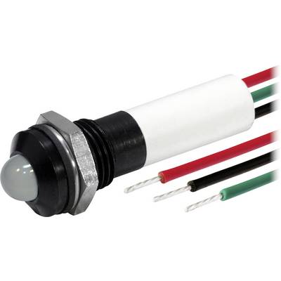 Gros plan d'un voyant indicateur noir pour montage sur panneau avec une lentille blanche et des fils rouge, noir et vert attachés.