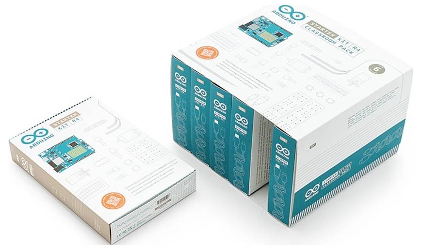 Deux boîtes de produits Arduino, une grande et une petite, présentées dans un emballage blanc et bleu-vert avec les logos Arduino et des graphiques de cartes de circuits.