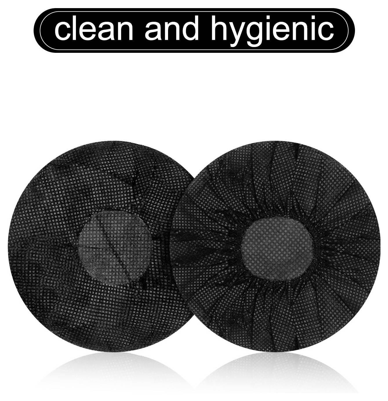 Image du produit étiquetée « propre et hygiénique » montrant deux housses circulaires noires jetables avec des ouvertures centrales, se chevauchant sur un fond blanc.