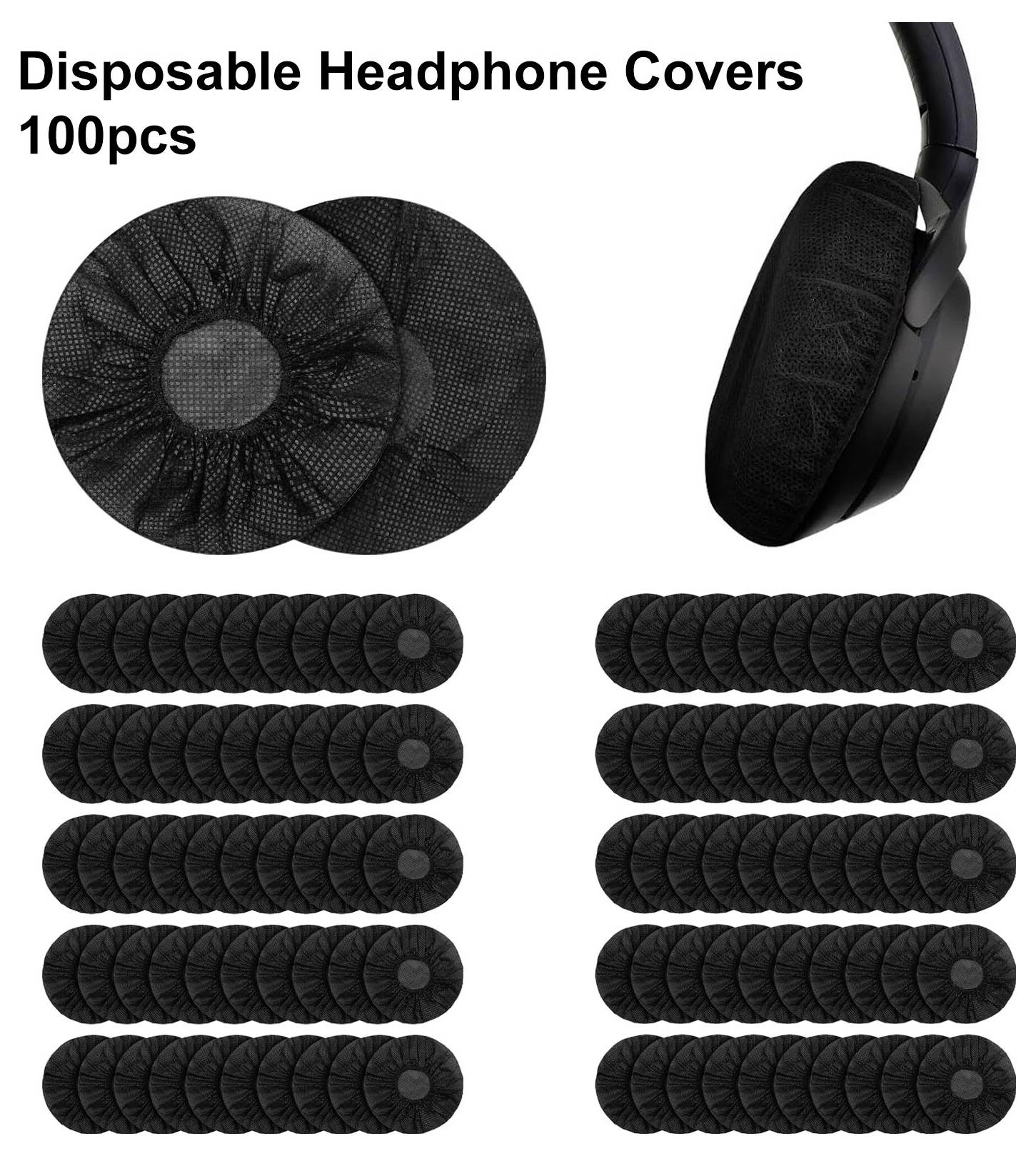 Housse de casque jetable - Image produit montrant des housses de casque noires jetables, étiquetées « Housses de casque jetables 100 pcs », avec des housses rondes et un casque équipé d'une housse.