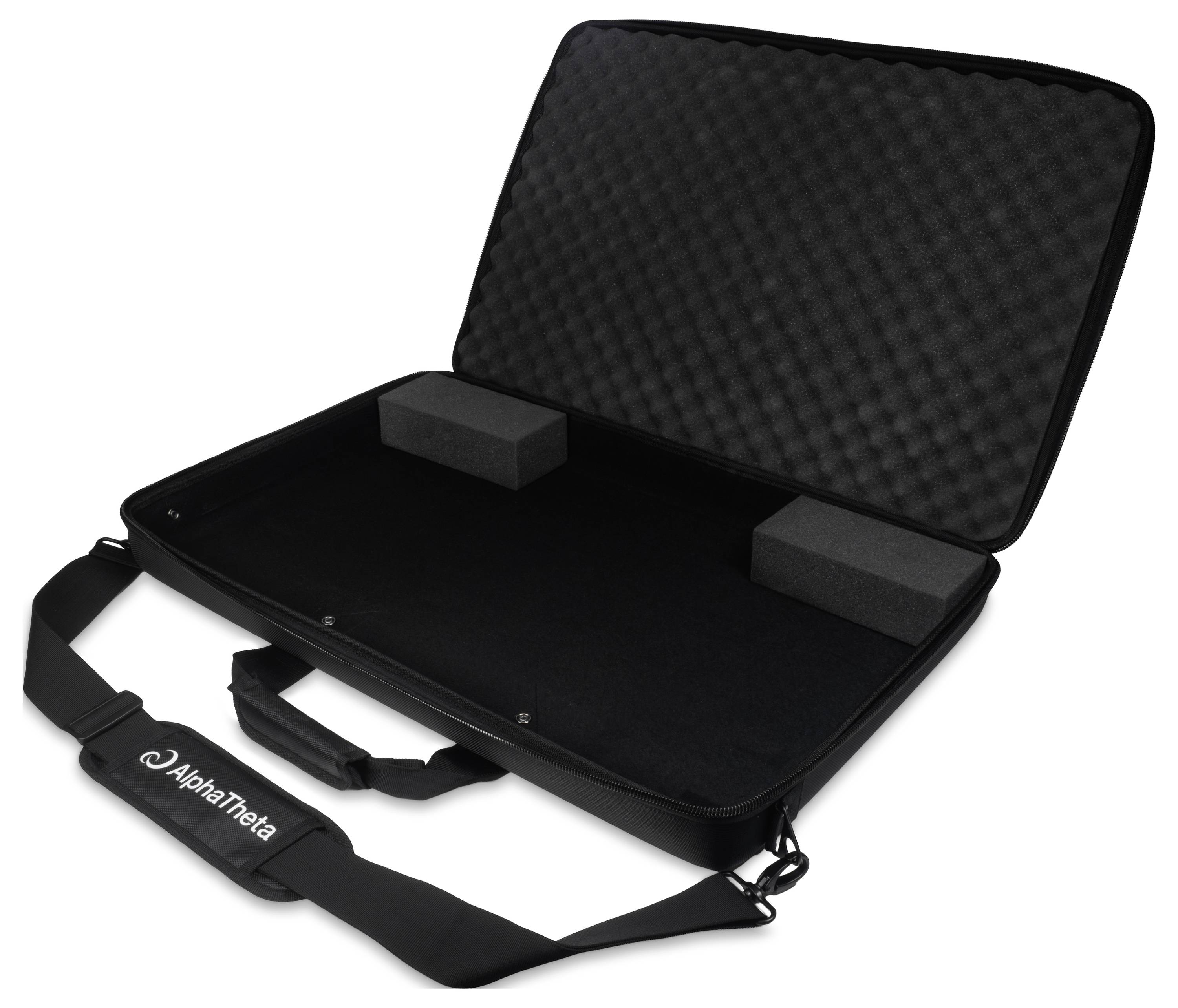 Étui de transport noir ouvert avec sangle d'épaule et inserts en mousse, présenté sur fond blanc.