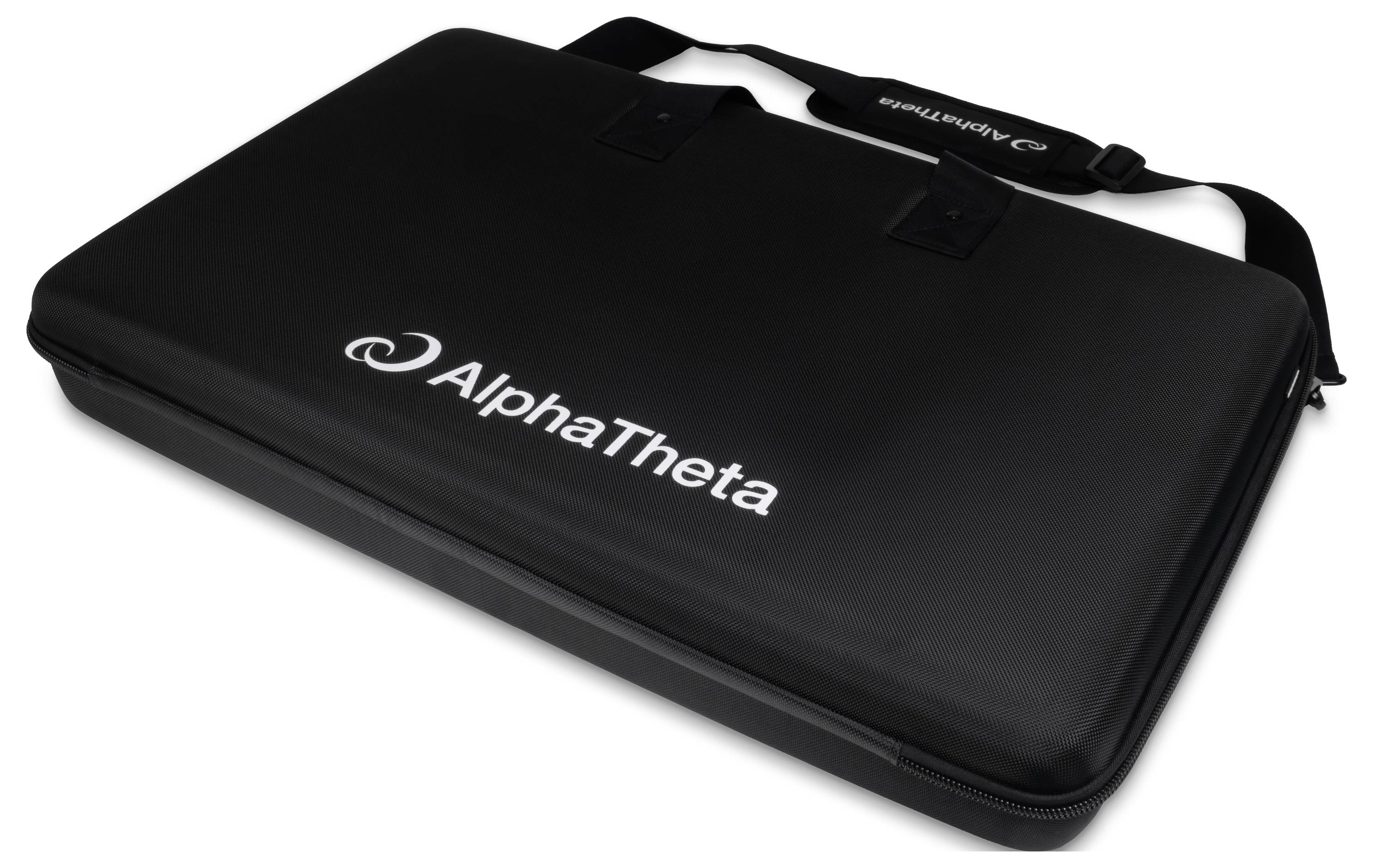 Étui de transport noir avec fermeture éclair et sangle d'épaule, marqué « AlphaTheta » sur le devant.