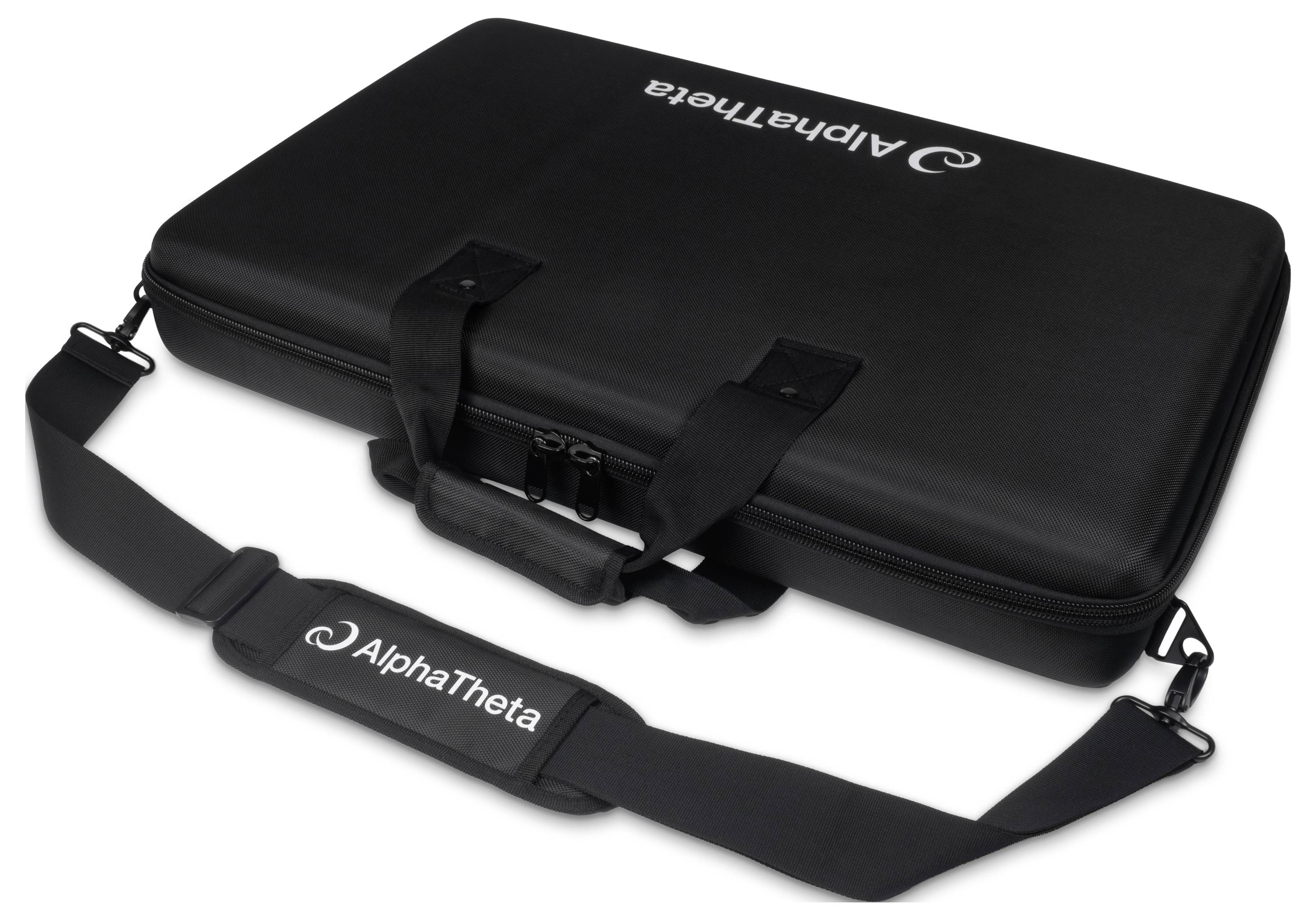 Étui de transport robuste Black AlphaTheta avec sangle d'épaule et poignées sur fond blanc.