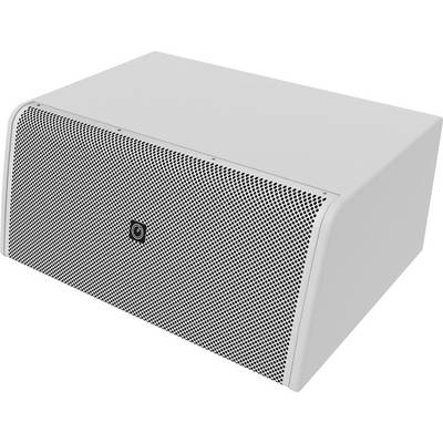 Appareil électronique blanc de forme rectangulaire avec une grille perforée à l'avant et un petit logo central sur un fond uni.