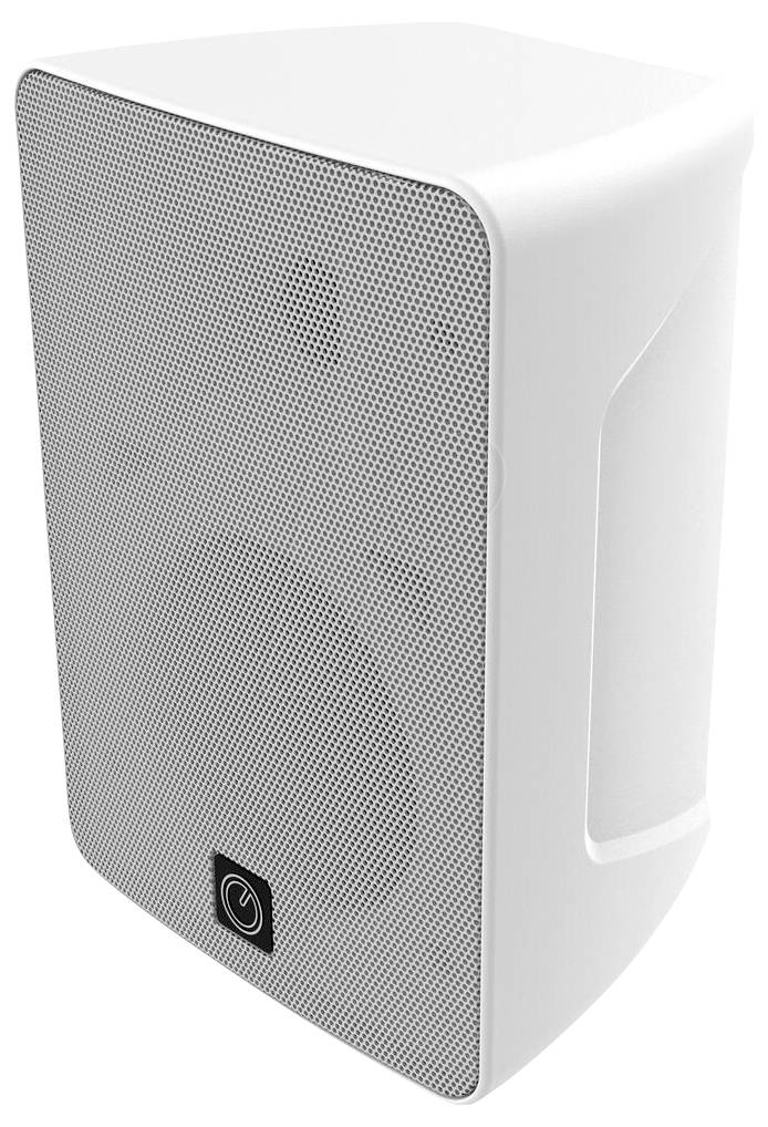 Haut-parleur rectangulaire blanc ou caisson de basses avec grille avant perforée et bouton d'alimentation sur la partie inférieure avant