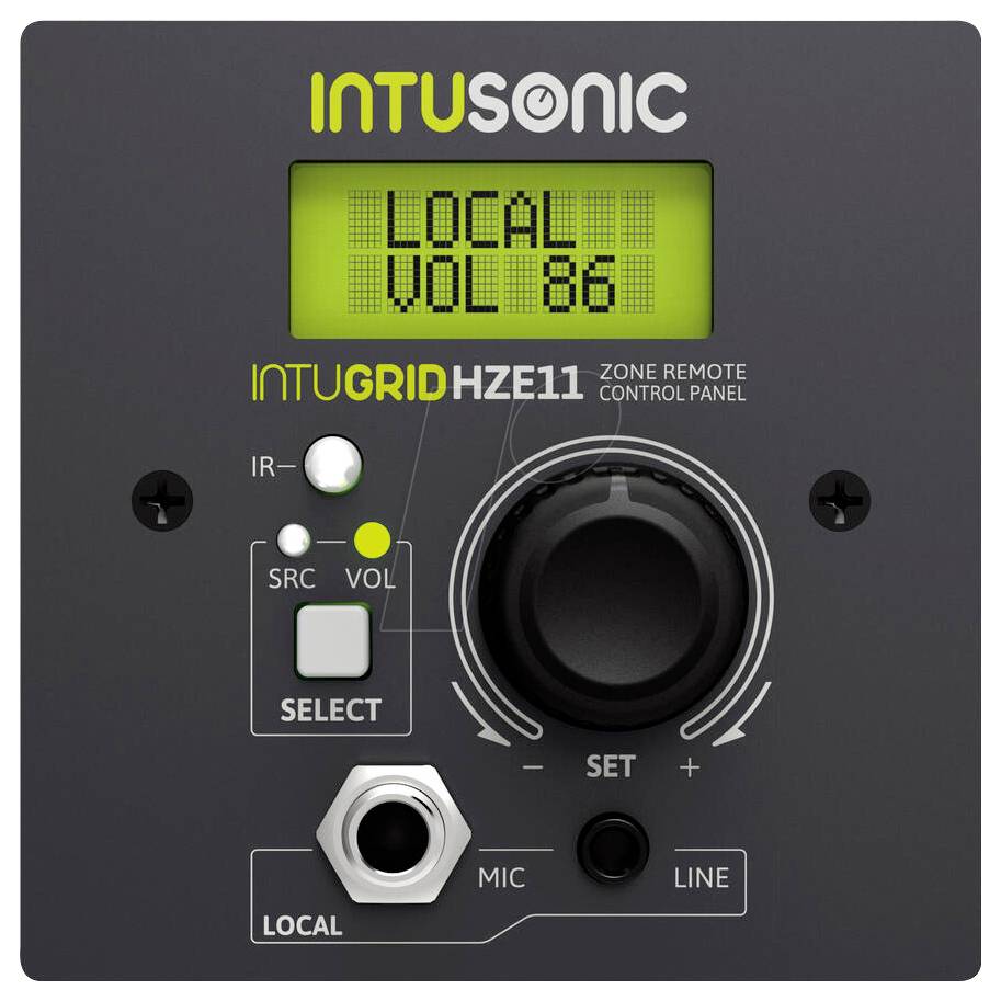 Panneau de commande à distance de zone Intusonic Intugrid HZE11 avec affichage montrant « LOCAL VOL 86 », grand bouton de réglage, bouton de sélection, entrées microphone/ligne et voyants d'état.