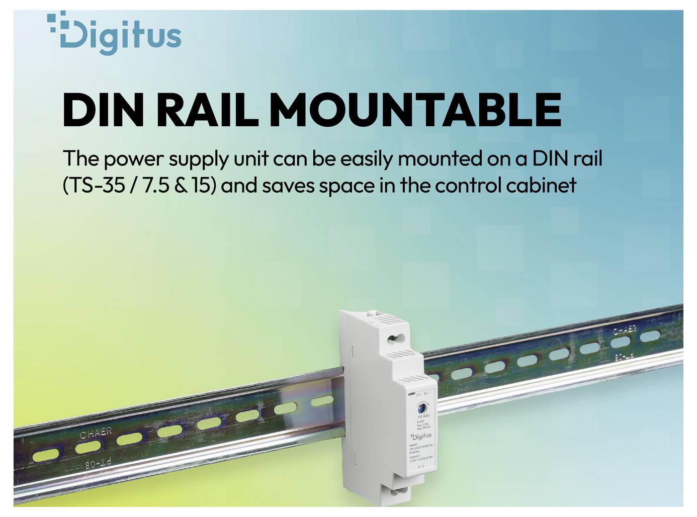 Digitus présentant une alimentation électrique montable sur rail DIN ; le texte indique qu'elle se monte sur des rails DIN TS-35/7.5/15 et économise de l'espace dans l'armoire de commande.