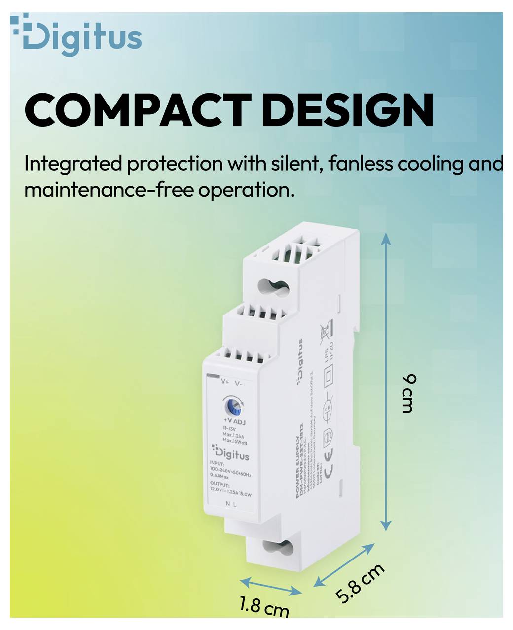 Module de conception compacte Digitus présenté avec des dimensions de 9 cm de hauteur, 5,8 cm de profondeur et 1,8 cm de largeur ; le texte met en évidence une protection silencieuse, sans ventilateur et sans entretien.