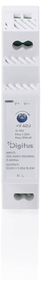Gros plan d'une alimentation électrique DIN Digitus de couleur blanche, avec les bornes et l'indicateur LED visibles.