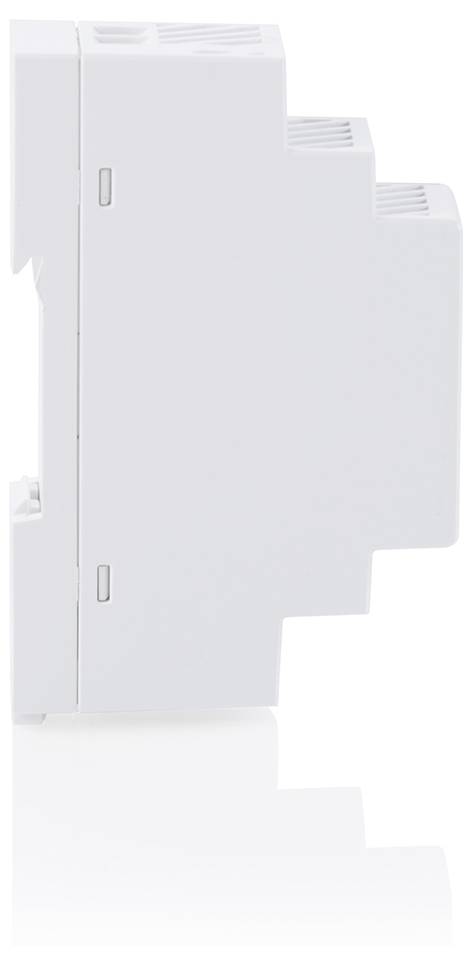 Dispositif ou module électrique rectangulaire blanc en plastique montré en vue latérale sur un fond uni.