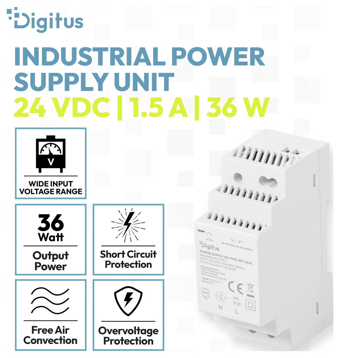 Unité d'alimentation électrique industrielle Digitus, 24 VCC 1,5 A 36 W, avec des icônes pour plage de tension d'entrée large, court-circuit, convection naturelle, et protection contre les surtensions.