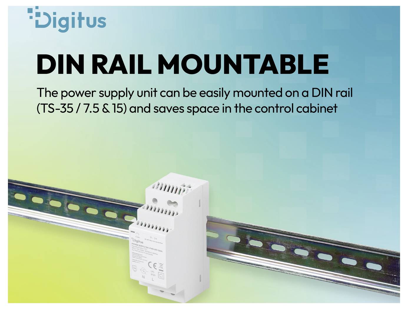 Bloc d'alimentation enfichable sur rail DIN Digitus, montrant un module blanc sur un rail DIN avec texte concernant l'adaptation aux rails TS-35/7,5 et 15 et l'économie d'espace d'armoire.