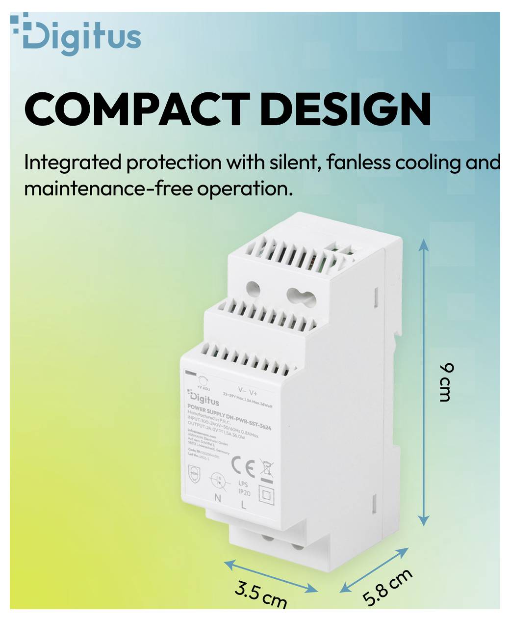 Annonce produit Digitus montrant un dispositif électrique de protection compact, avec "DESIGN COMPACT" et les dimensions 9 cm de hauteur, 5,8 cm de profondeur, et 3,5 cm de largeur.