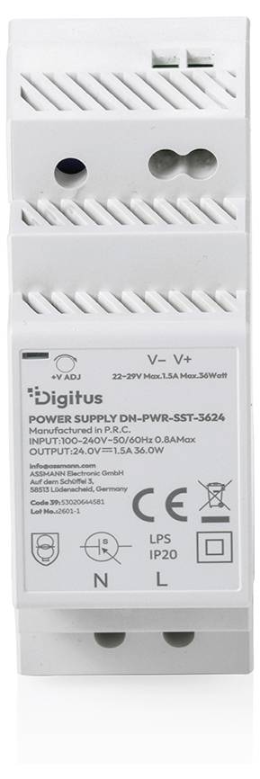 Module d'alimentation électrique DIN blanc étiqueté « Alimentation numérique » avec entrée 100-240V AC et sortie 24V DC, 3.6W.