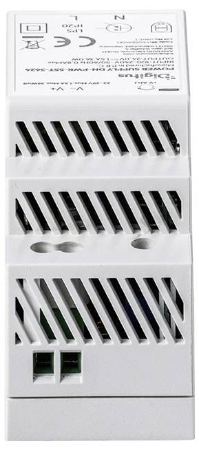 Dispositif électrique blanc ou adaptateur avec fentes de ventilation et deux prises de courant vertes, vu de face