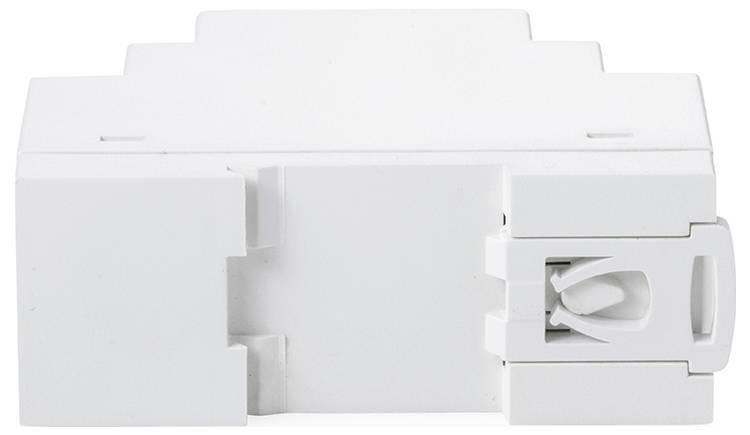 Boîtier de connecteur électrique en plastique blanc avec une ouverture centrale et un mécanisme de verrouillage latéral, présenté sur un fond uni.