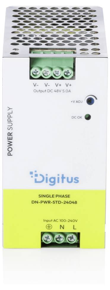 Vue de face d'une unité d'alimentation électrique monophasée Digitus étiquetée « DN-PWR-STD-24048 » avec bornes d'entrée CA et de sortie 48V 5.0A et voyants d'état.