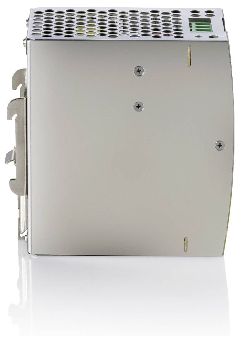 Unité d'alimentation électrique rectangulaire en métal avec sommet aéré et pattes de montage, présentée sur un fond blanc.