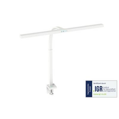 Lampe de bureau LED blanche avec barre lumineuse horizontale longue et support ajustable, présentée avec un label de certification d'ergonomie allemande de l'IGR.