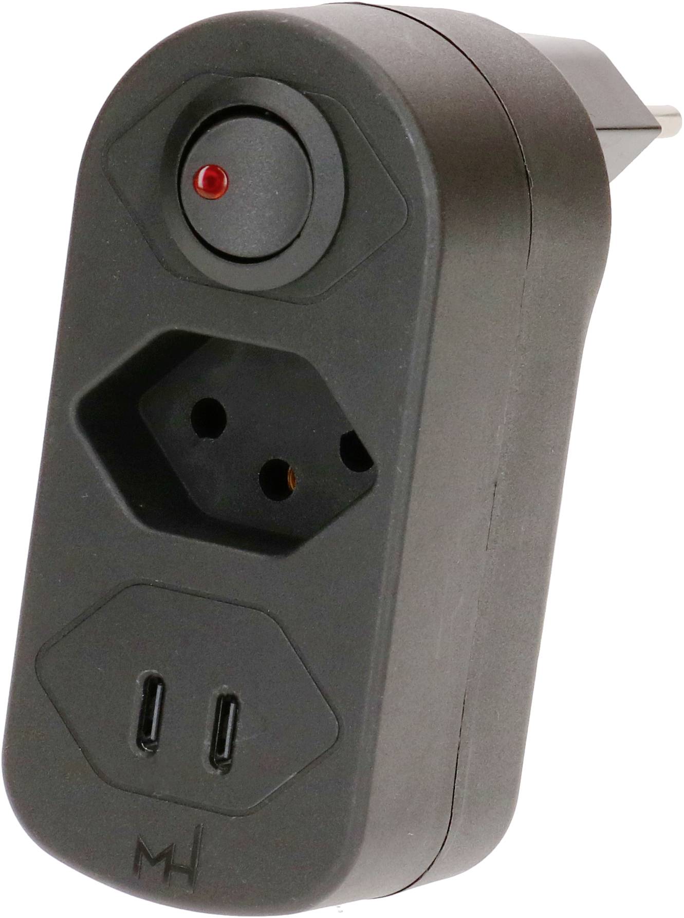 Adaptateur secteur noir avec prise enfichable, voyant lumineux rouge et deux prises de sortie, présenté sur fond blanc.