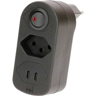 Adaptateur secteur noir avec prise enfichable, voyant lumineux rouge et deux prises de sortie, présenté sur fond blanc.