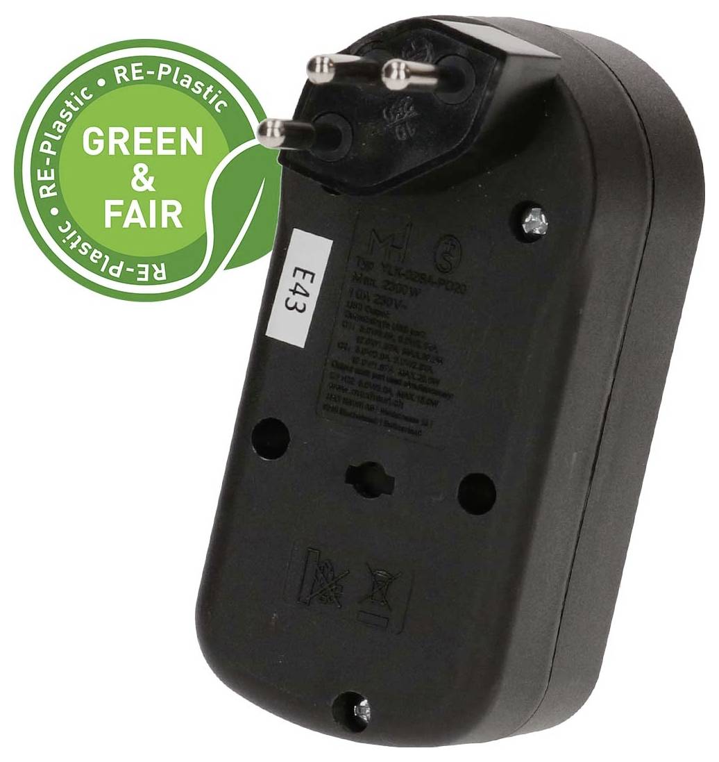 Adaptateur d'alimentation enfichable noir avec deux broches rondes et étiquette écologique Re-Plastic « GREEN & FAIR » sur la gauche