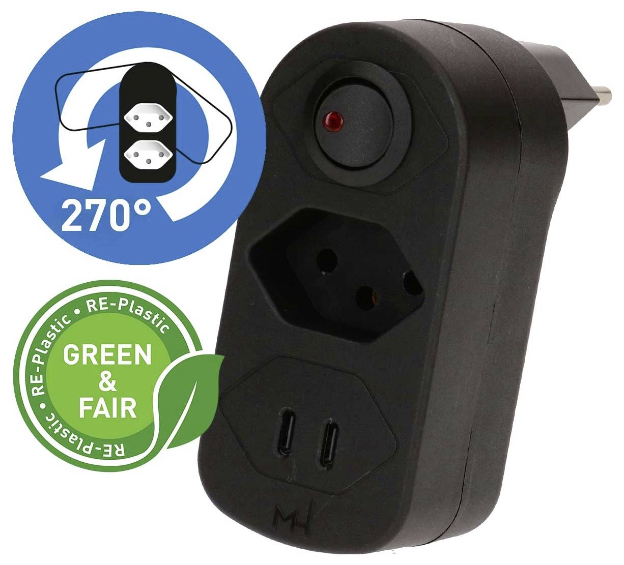 Adaptateur de prise rotatif noir avec trois types de prises, montrant une rotation de 270° et un label en plastique recyclé 'GREEN & FAIR' vert.