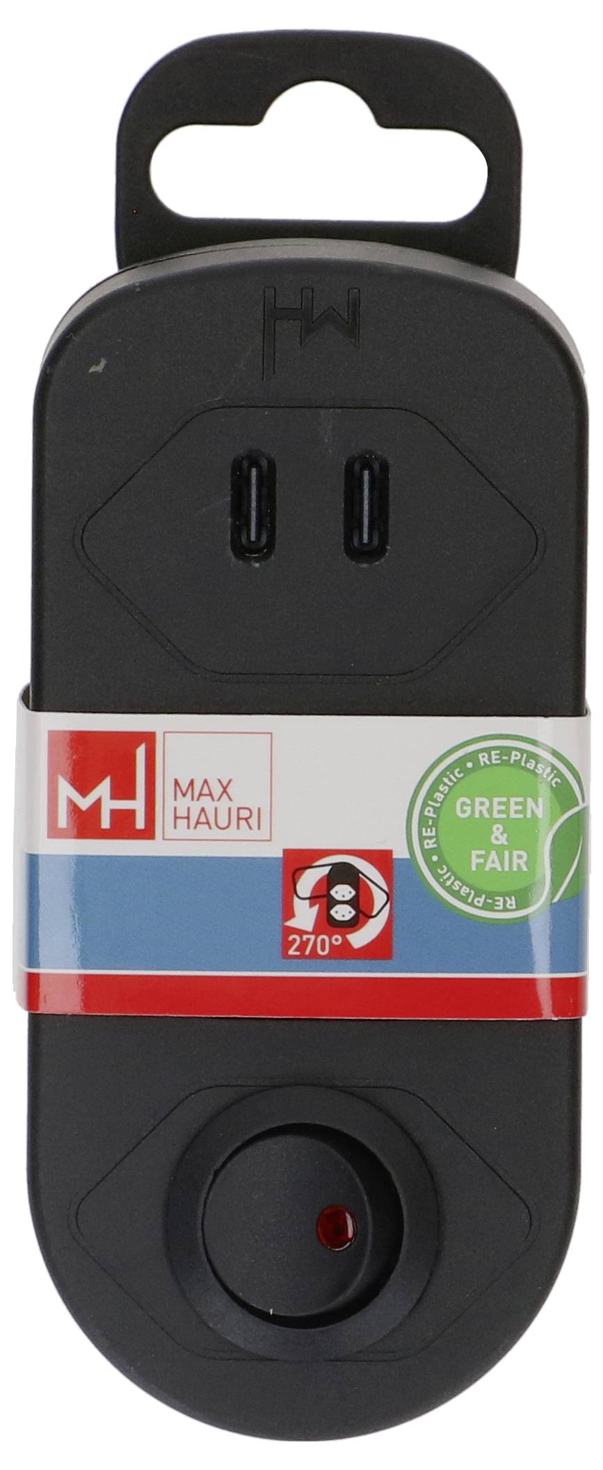 Adaptateur électrique Black Max Hauri avec deux ports USB, fonction de rotation à 270°, et label « Green & Fair » sur l'emballage.